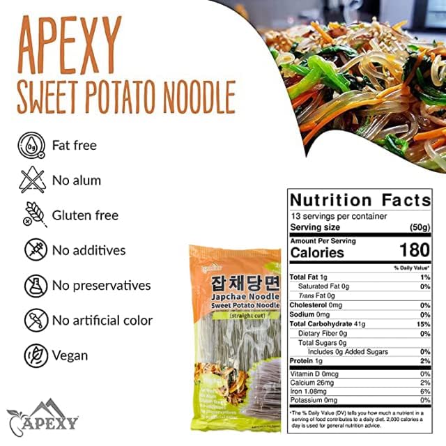 APEXY Sweet Potato Glass Noodles, Fat-free & Gluten-free, 10.58oz, Japchae Noodles
