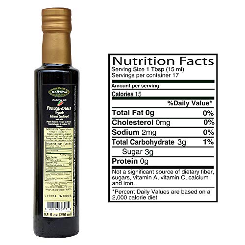 Mantova Organic Pomegranate Balsamic Vinegar, 8.5 Fl Oz, Ideal for Salad Dressing, Pasta, Ice Cream, and Cocktails