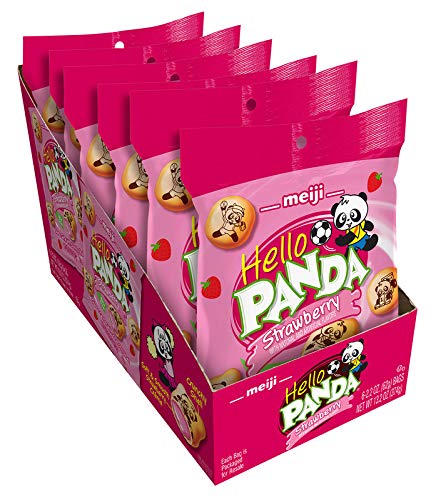 Meiji Hello Panda Cookies, Strawberry Crme Filled - 2.2 oz, Pack of 6 - Bite Sized Cookies with Fun Panda Sports