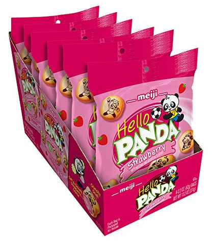 Meiji Hello Panda Cookies, Strawberry Crme Filled - 2.2 oz, Pack of 6 - Bite Sized Cookies with Fun Panda Sports