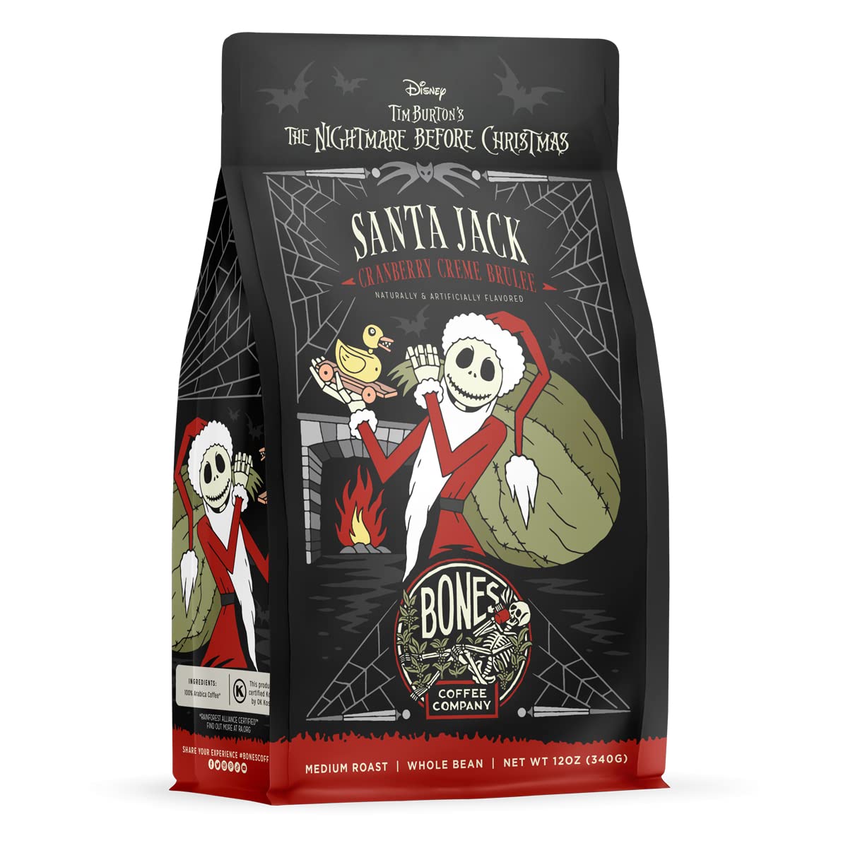 Bones Coffee Company Santa Jack Whole Coffee Beans Cranberry Creme Brulee, Low Acid Coffee Made With Arabica Coffee Beans, Mediu