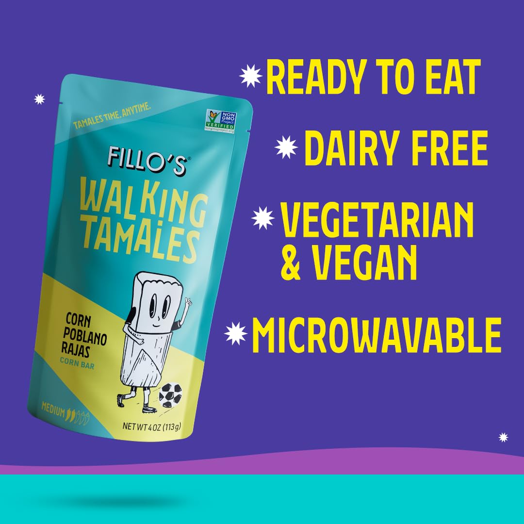 Fillo'S Walking Tamales, Corn Poblano Rajas, Pk Of 7, Ready-To-Eat, Delicious, Gluten-Free, Preservative-Free, Vegan Friendly, M