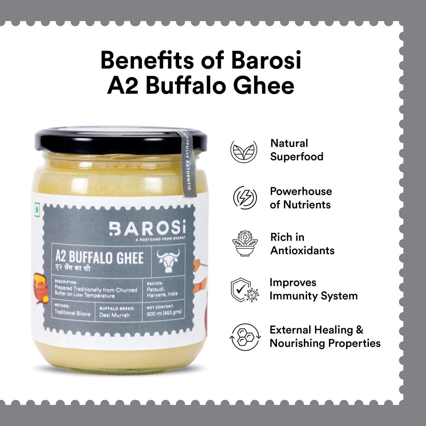 Barosi A2 Buffalo Ghee 1 Litre (Pack Of 2 * 500Ml) | Churned With Bilona Method | Pure & Aromatic Desi Ghee | Farm Made In Small Batches | Glass Jar Packing