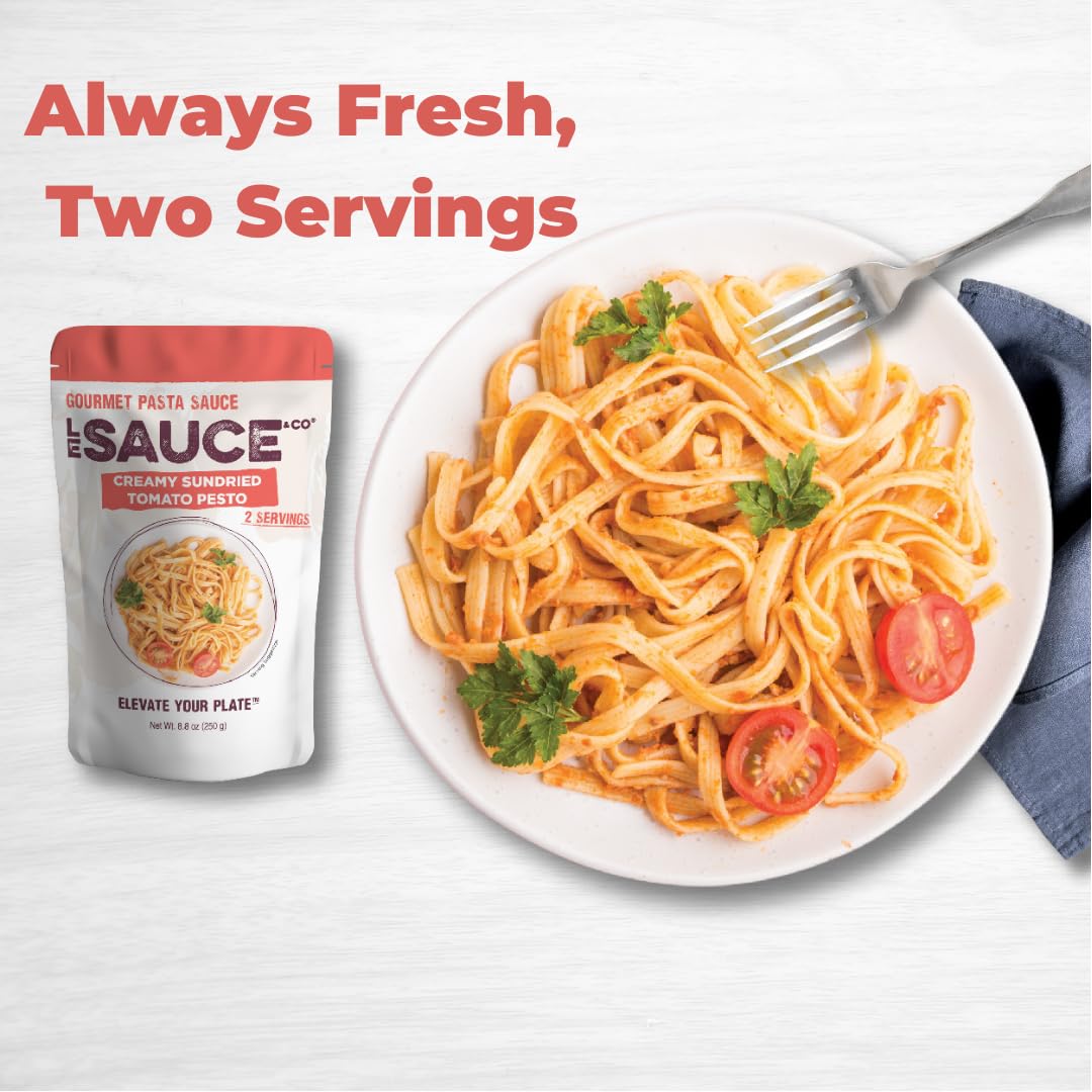 Always Fresh, Two Servings, Creamy Sun-Dried Tomato Pesto Gourmet Pasta Sauce (2-Pack) Le Sauce & Co. Imported Italian San Marzano Tomatoes, Creamy Pasta Sauce, Penne Rosa, All Natural, Spirit-Inspired Flavor Sauce