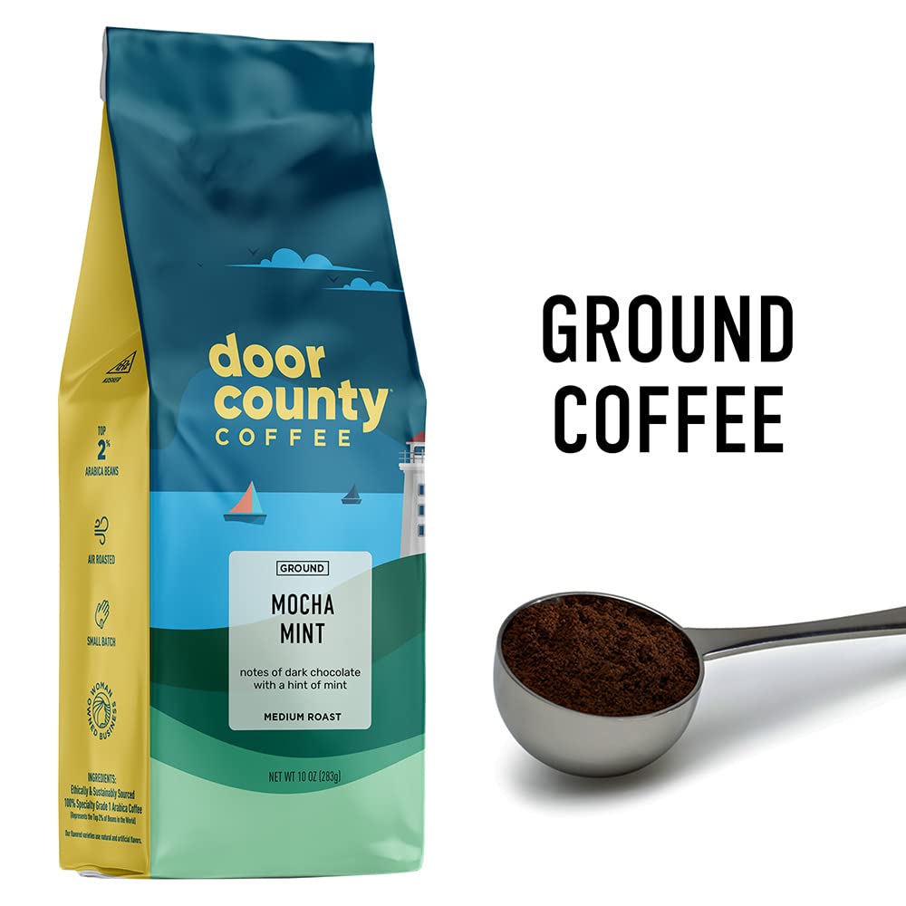 Door County Coffee - Mocha Mint, Dark Chocolate & Mint Flavored Ground Coffee - Medium Roast, 10 Oz Bag