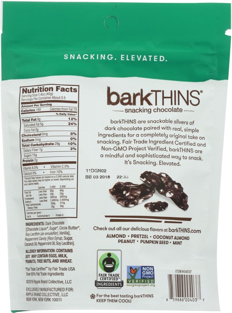 Barkthins Dark Chocolate Mint Snacking Chocolate, Fair Trade And Non Gmo, 4.7 Oz Bag