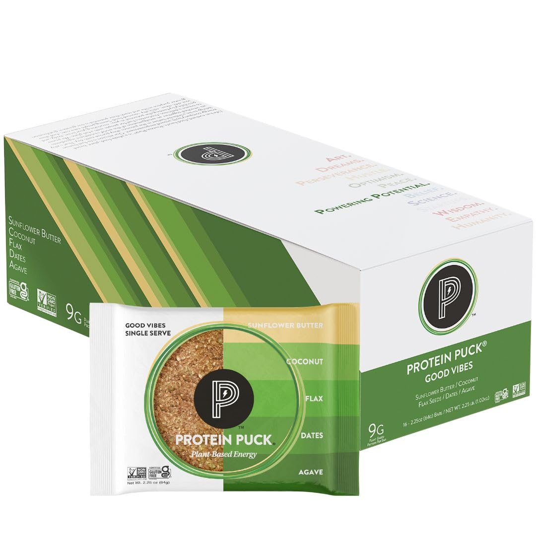 Protein Puck Plant Based Bars, Vegan Protein Snacks, 16 Count, Gluten Free, Non Dairy, Kosher Certified, 2.25 oz Each
