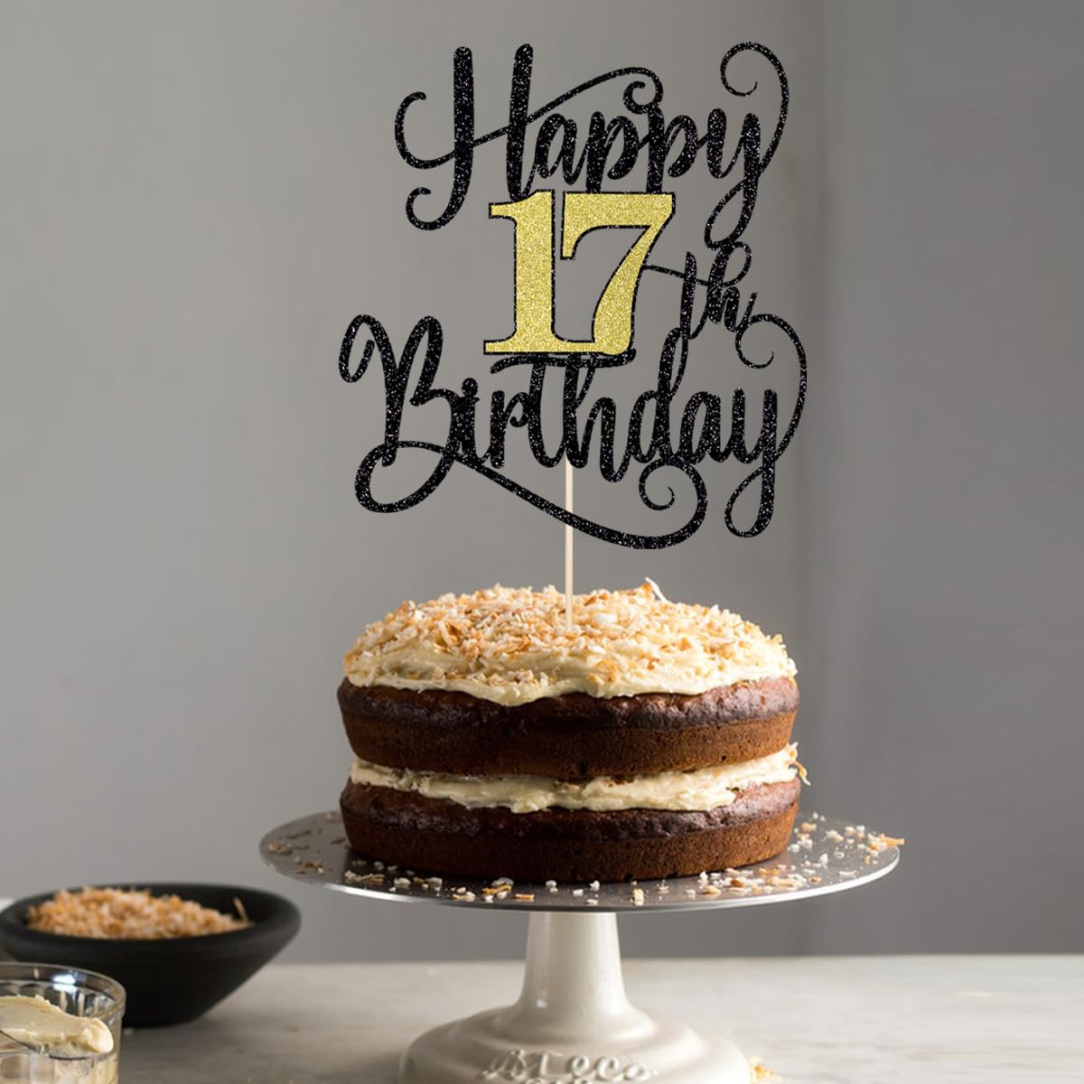 Happy 17Th Birthday Cake Topper, 17 Birthday Party Cake Decorations (Black And Gold Flashes, 17Th)