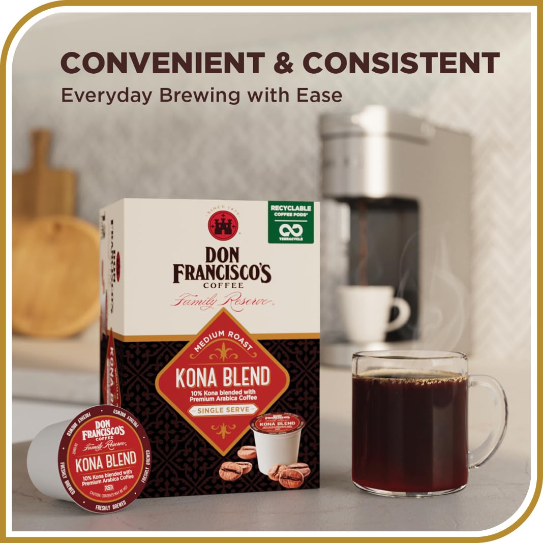 Don Franciscos Kona Blend Medium Roast K-Cup Coffee Pods, 12 Count, 10% Kona, Compatible with Keurig, Recyclable