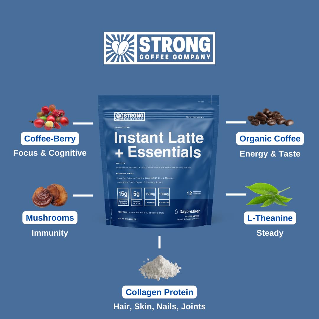 STRONG COFFEE COMPANY  DAYBREAKER  INSTANT CACAO LATTE - 12 Single Serving Packs  15g Protein  Instant Protein Coffee with Collagen  Adaptogens & Nootropics  No Crash  No Jitters
