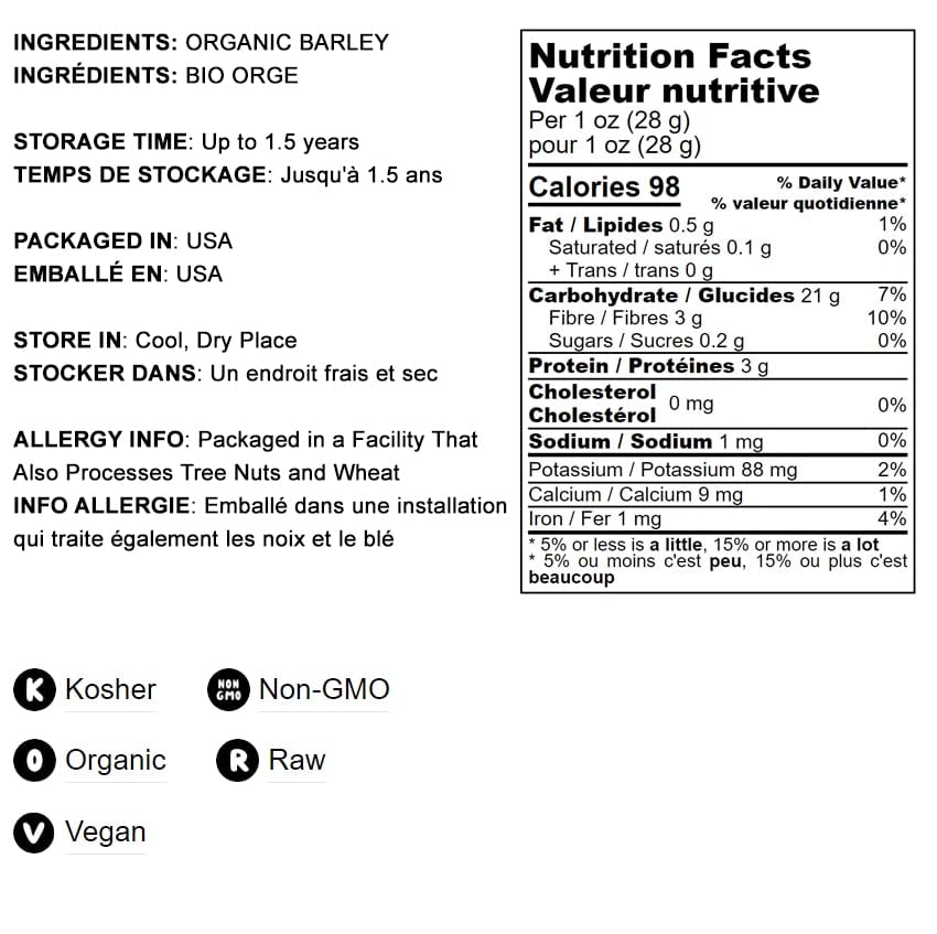 Food to Live Organic Barley Flour, 12 Pounds - Non-GMO, Stone Ground from Whole Hulled Barley, Fine, Kosher, Vegan, Bulk. Rich i