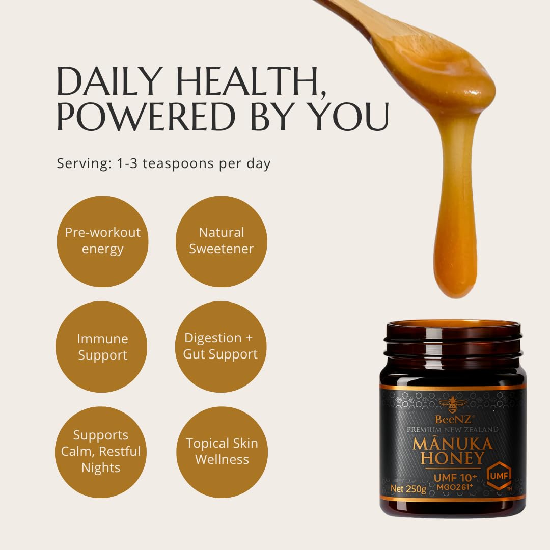 BeeNZ Raw Manuka Honey, Certified UMF 20+ (MGO 829+), Pure New Zealand Monofloral Manuka, Natural Sweetener, Superfood Honey for