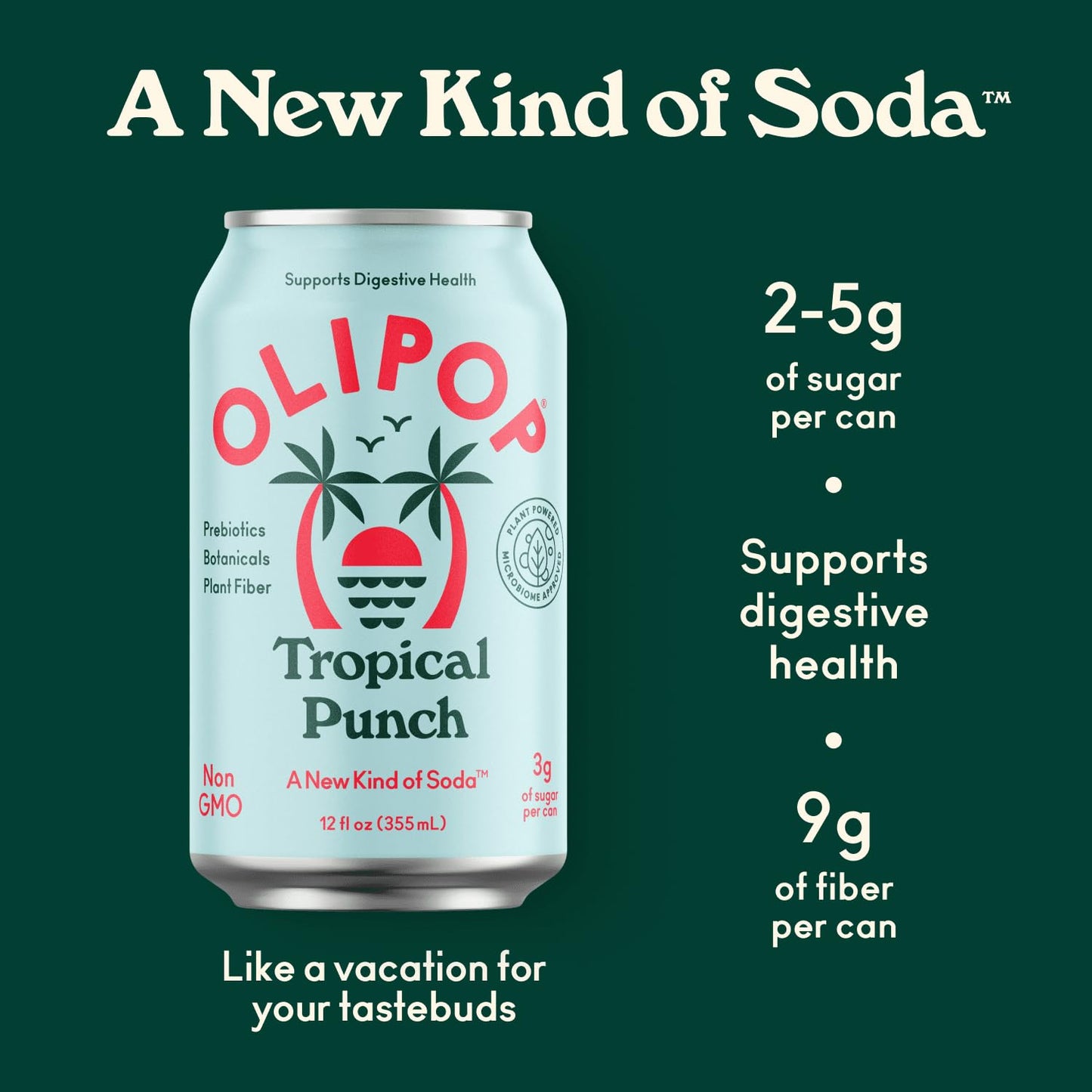 OLIPOP Prebiotic Soda Pop, Tropical Punch, A New Kind of Soda Packed with Prebiotics, Fiber, and Botanicals, Gluten Free, Vegan,