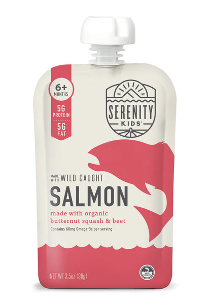 Serenity Kids 6+ Month Baby Food Puree Pouches with Wild Caught Salmon, Butternut Squash & Beet - Ethically Sourced Meat & Organ