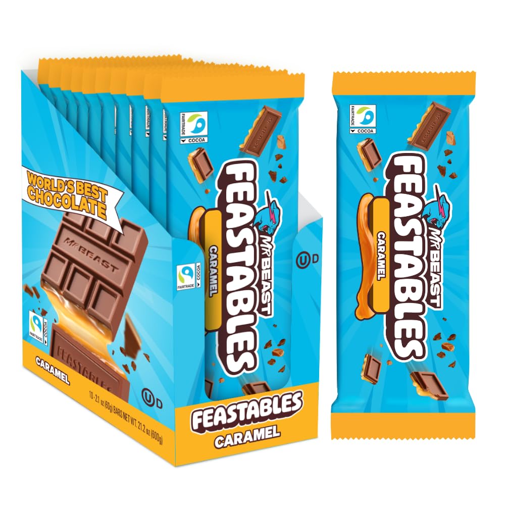 Feastables Mrbeast Caramel Chocolate Bar, King Size Candy Bar For Mature-Themeds & Kids, Candy Bars For Snacks, Gifts, Or Dessert, Sweet & Creamy Fairtrade Cocoa, 2.1 Oz Each, 10 Count
