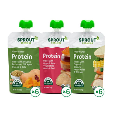 Sprout Organics Baby Food, Root Veg & Beef, Creamy Veg & Chicken, Plant-Based Chickpea Protein Pack, 8+ Months, 4 Oz Purees (Pac