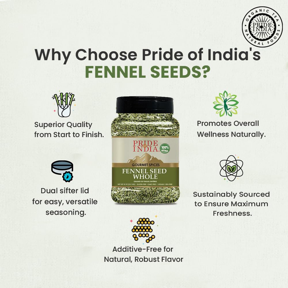 Pride Of India Fennel Seed Whole Gourmet Spice - Fresh & Aromatic - 8 oz Medium Dual Sifter Jar - GMO/Gluten Free