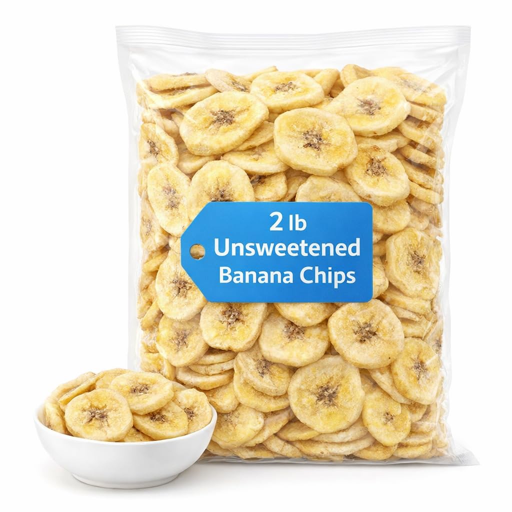Unsweetened Banana Chips, 2 lb Bulk Bag, Crispy Dried Banana Slices Snack