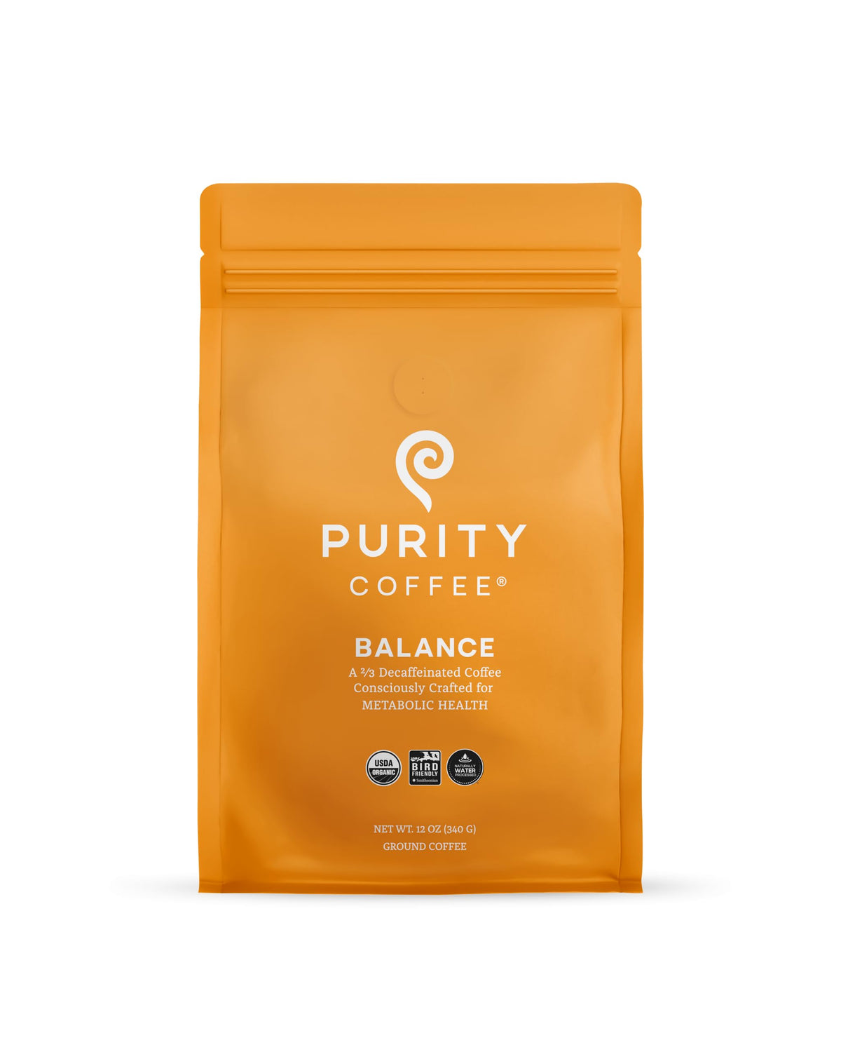 PURITY COFFEE BALANCE Decaf Medium Roast Ground Coffee, USDA Organic, 12oz Bag