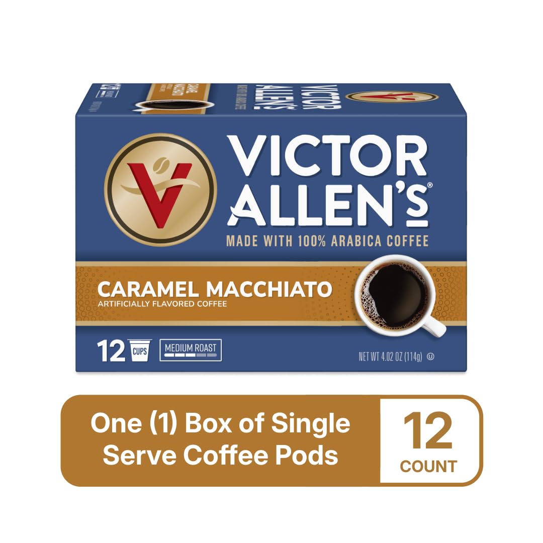 Victor Allens Coffee Caramel Macchiato Flavored Coffee Pods, Medium Roast, 12 Count, Compatible with Keurig K-Cup malt-inspired, Brown