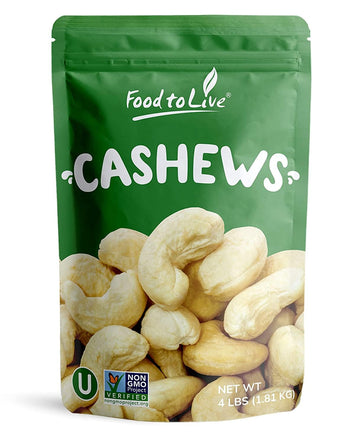 Food To Live - Raw Cashews, 4 Pounds Deluxe Whole Nuts, Unsalted, Unroasted Fancy Snack, Size W-320, Kosher, Vegan, Bulk, A Good Source Of Magnesium, Phosphorus, Manganese & Copper
