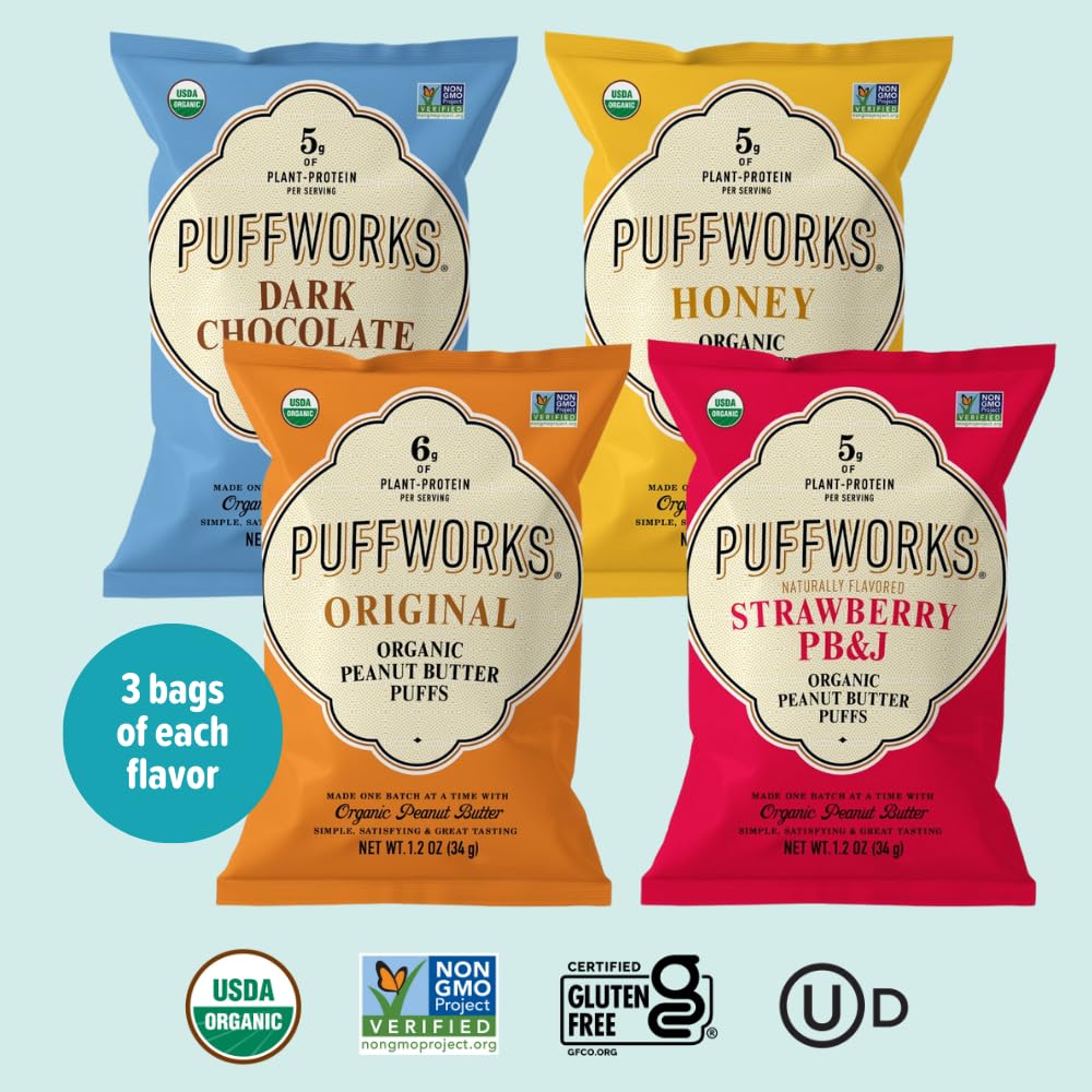 Puffworks Four Flavor Variety Pack Organic Peanut Butter Puffs (Original, Pbj, Dark Chocolate, Honey), Plant-Based Protein Snack