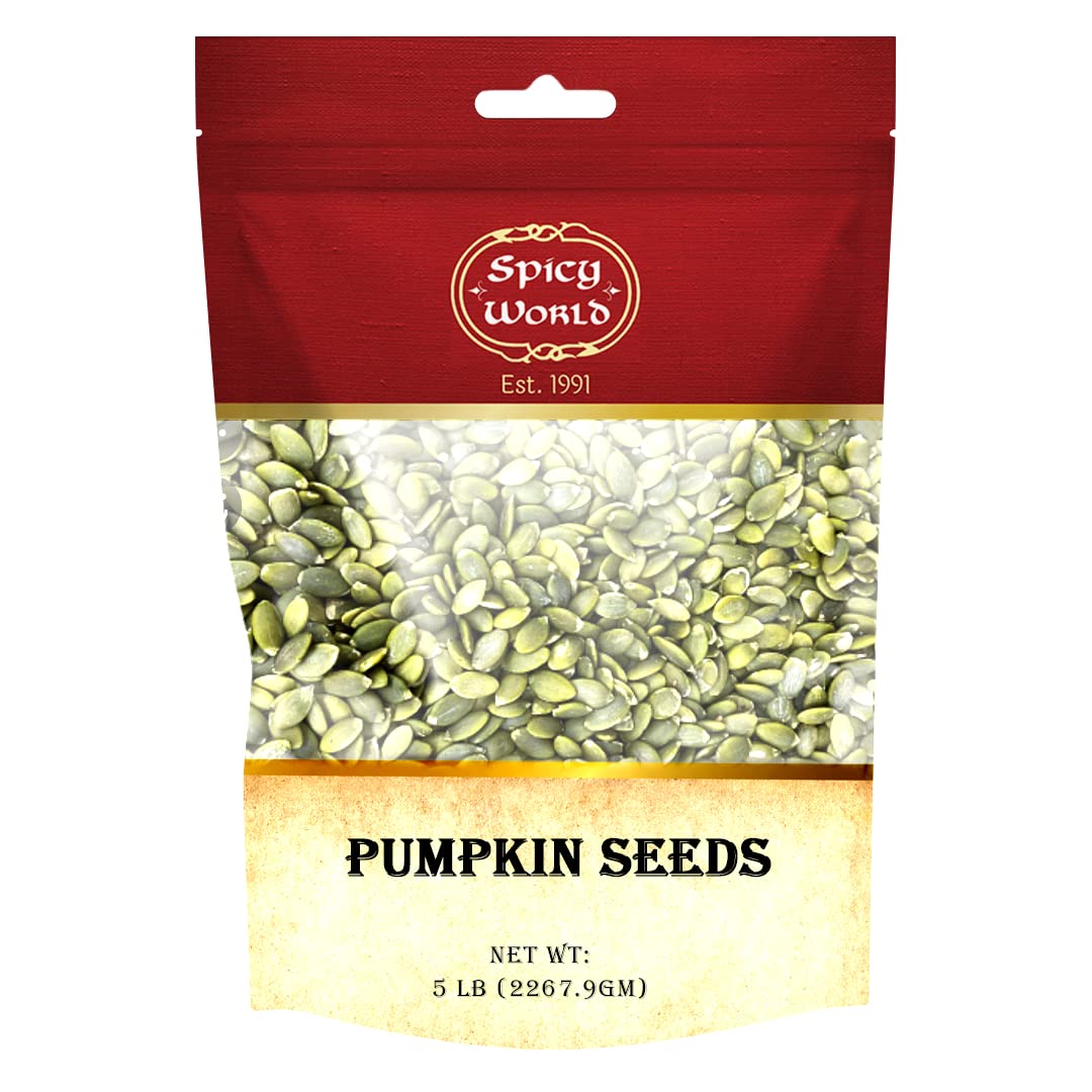 Spicy World Raw Pumpkin Seeds 5 Lb Bag - Shelled, Aaa Grade, Unsalted, Dry, Vegan, Bulk Bag