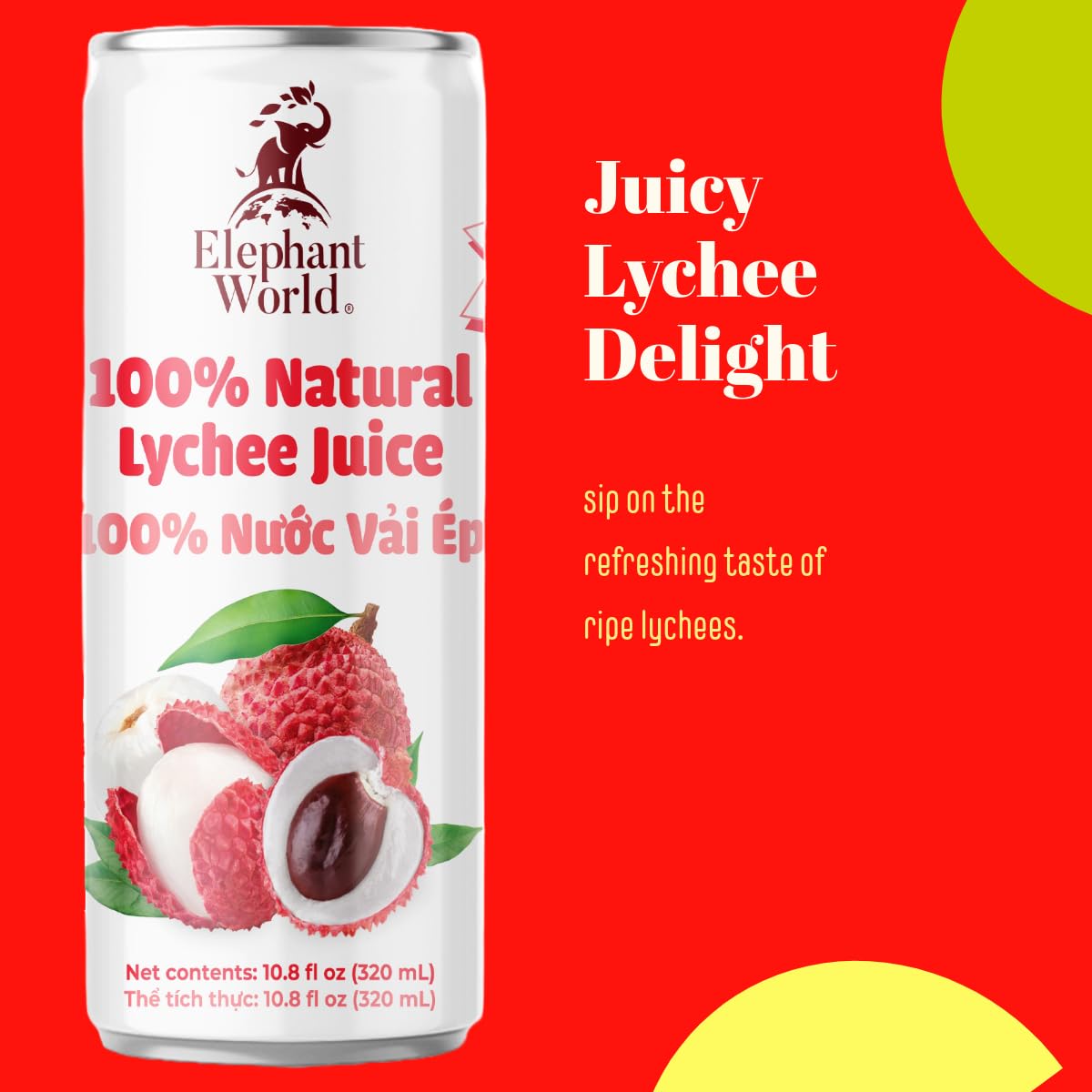 Elephant World 100% Natural Lychee Juice | Non Gmo | 10.8 Oz (Pack Of 12), Lychee