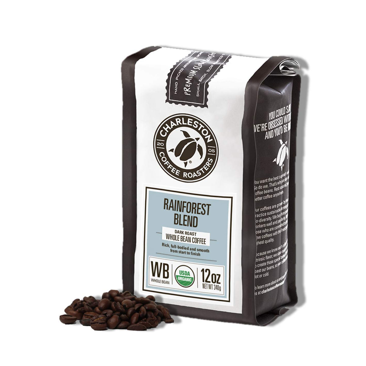 Charleston Coffee Roasters | Specialty Organic Whole Bean Coffee | Hand Picked, Premium Slow Roast | (Rainforest Blend, Dark Roast) 12Oz