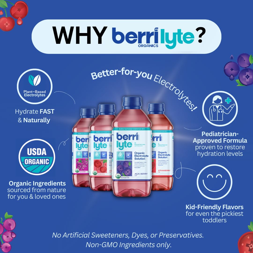 Berri Lyte Electrolytes Hydration Beverages With Coconut Water, Organic & Plant Based Electrolyte, Pediatric Rehydration Drink, Cherry, 1 L, 4 Count
