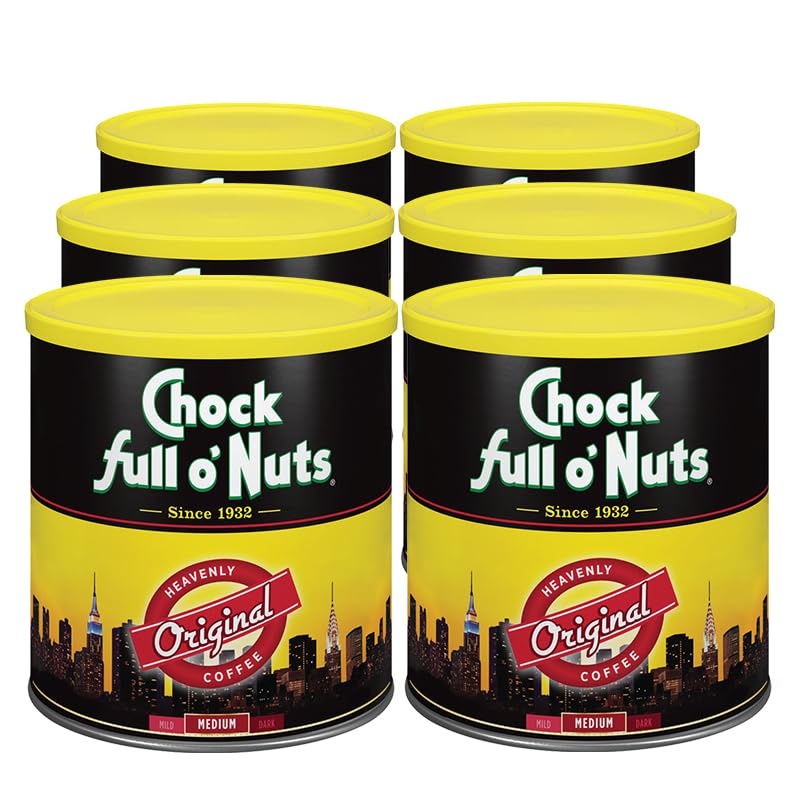 Chock Full o Nuts Heavenly Original Ground Coffee - enhanced Beans in Recyclable Steel Can - Rich Flavor & Aroma  Medium Roast - Perfect for Drip  Pour-Over  Percolator - 30.5 Oz Can  Pack of 6