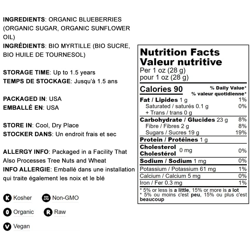 Food To Live Organic Dried Blueberries, 2 Pounds Non-Gmo, Whole Berries, Lightly Sweetened, Coated With Sunflower Oil, Kosher, Vegan, Unsulfured, Bulk. Rich In Antioxidants. For Snacking, Baking.