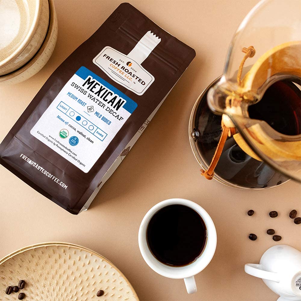 Fresh Roasted Coffee Organic Decaf Whole Bean, Medium Roast, 2 lb, USDA Organic, Single Origin, Kosher, Coffee Color