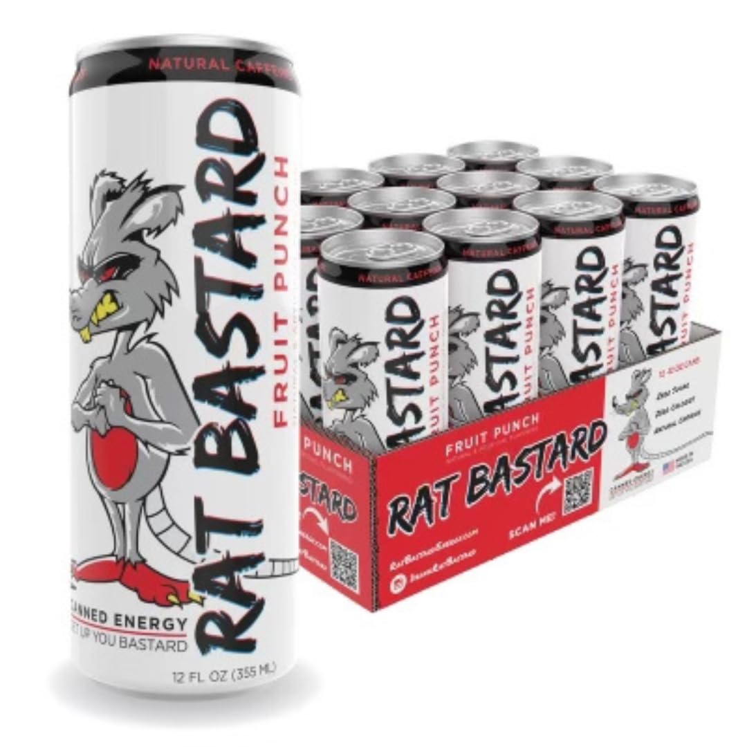 RAT BASTARD Energy Drink - Sugar-Free Caffeinated Beverage, Fruit Punch Flavor, 12 fl oz Can (Case of 12)