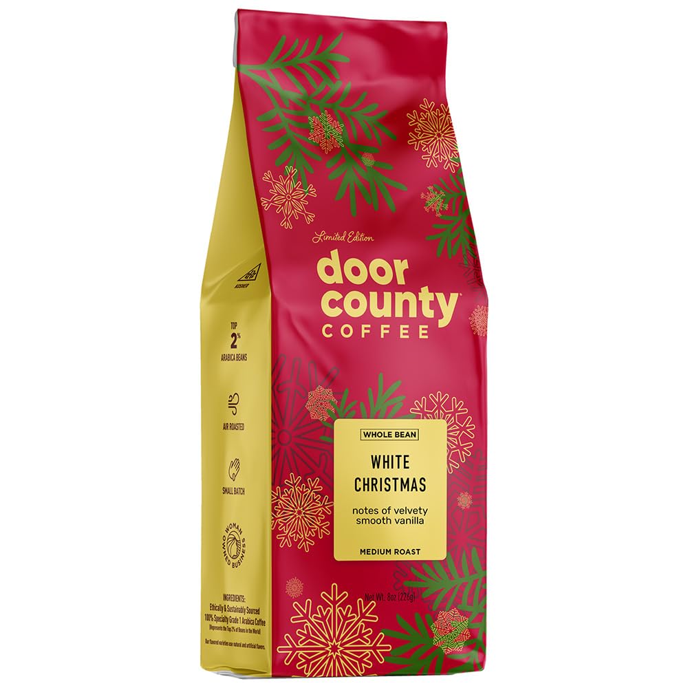 Door County Coffee White Christmas Flavored Coffee Whole Bean - 8oz Bag - Holiday Seasonal - Medium Roast - 100% Specialty Arabi
