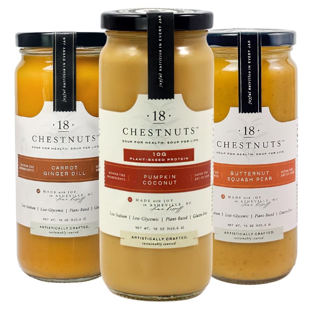 18 Chestnuts Plant Based Soup - Fall Bundle Box: Pumpkin Coconut, Carrot Ginger Dill, & Butternut Squash Pear Soup Bundle, Plant
