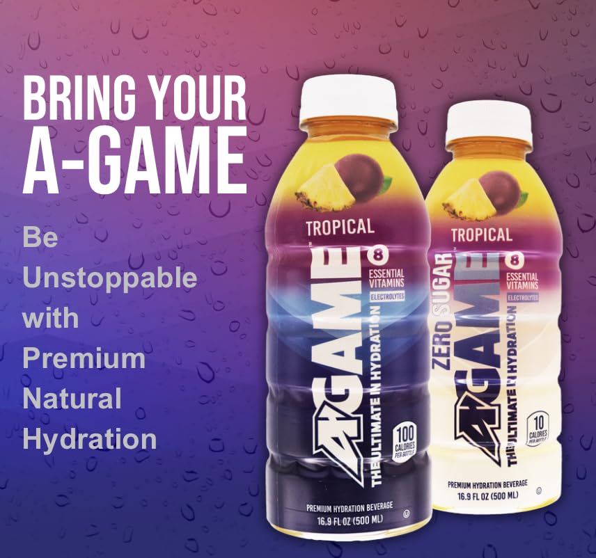 A-Game Zero Sugar Sports Drink, Tropical Zero,Ultimate Sugar Free Hydration, 8 Essential Vitamins: B,C & E, Sea Salt Electrolyte