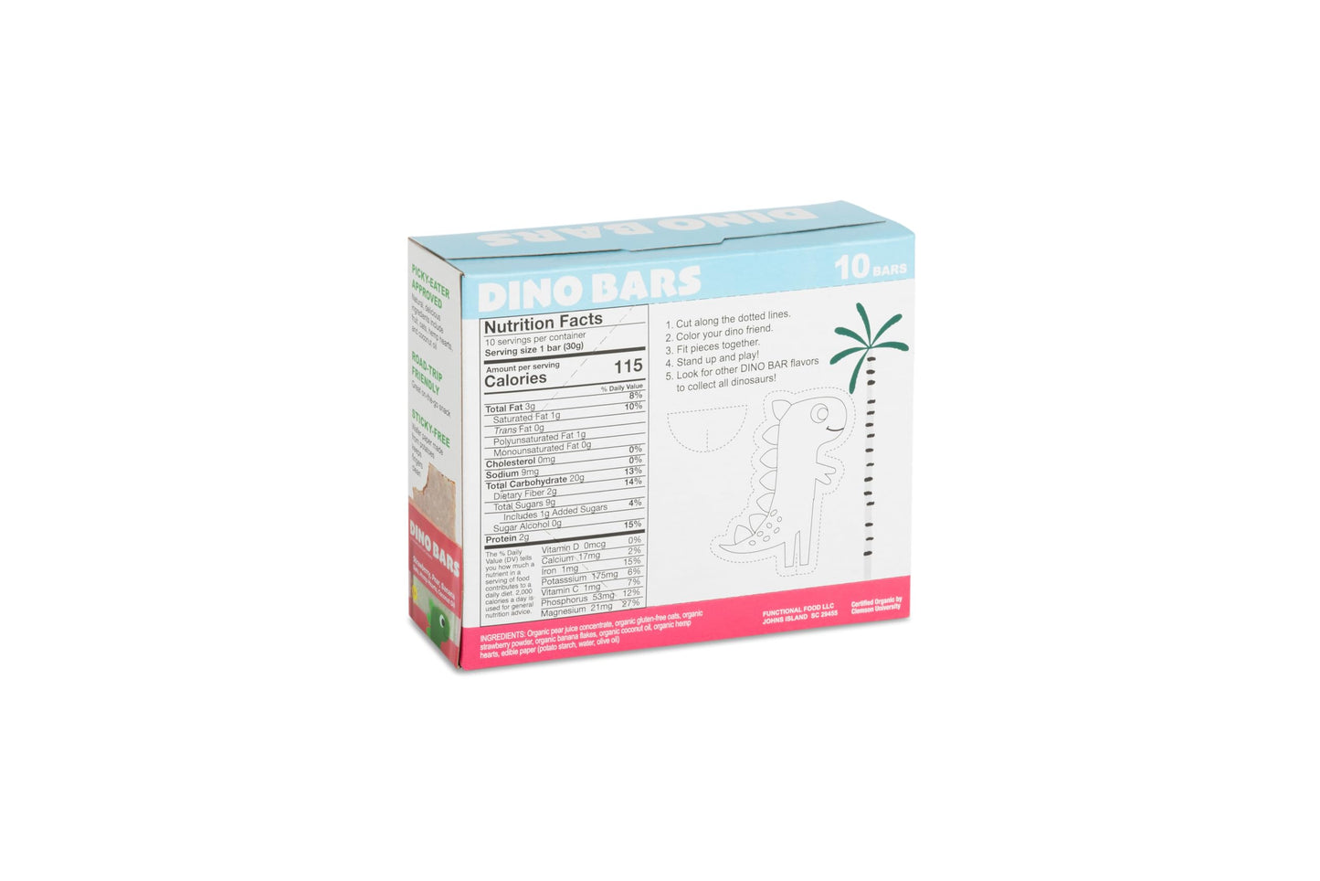 DINO BARS Organic Fruit Bar for Kids - Strawberry, 10 Pack, Edible Paper, Oats, Hemp Hearts, Coconut Oil