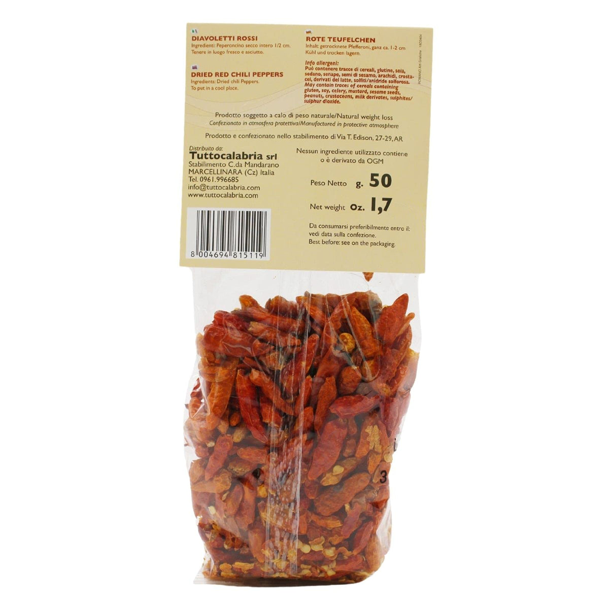 calabrian Diavoletti Rossi Small Dried Spicy Hot chili Peppers 50g All Natural Non-gMO Product of Italy Tuttocalabria