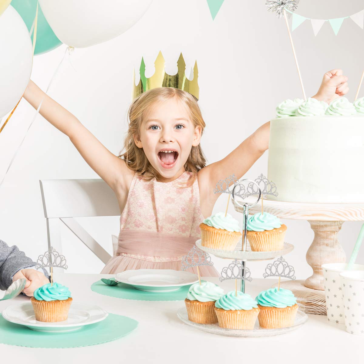 Donoter 48 Pieces Silver Glitter Princess Crown Cupcake Toppers Picks For Birthday Baby Shower Party Cake Decorations