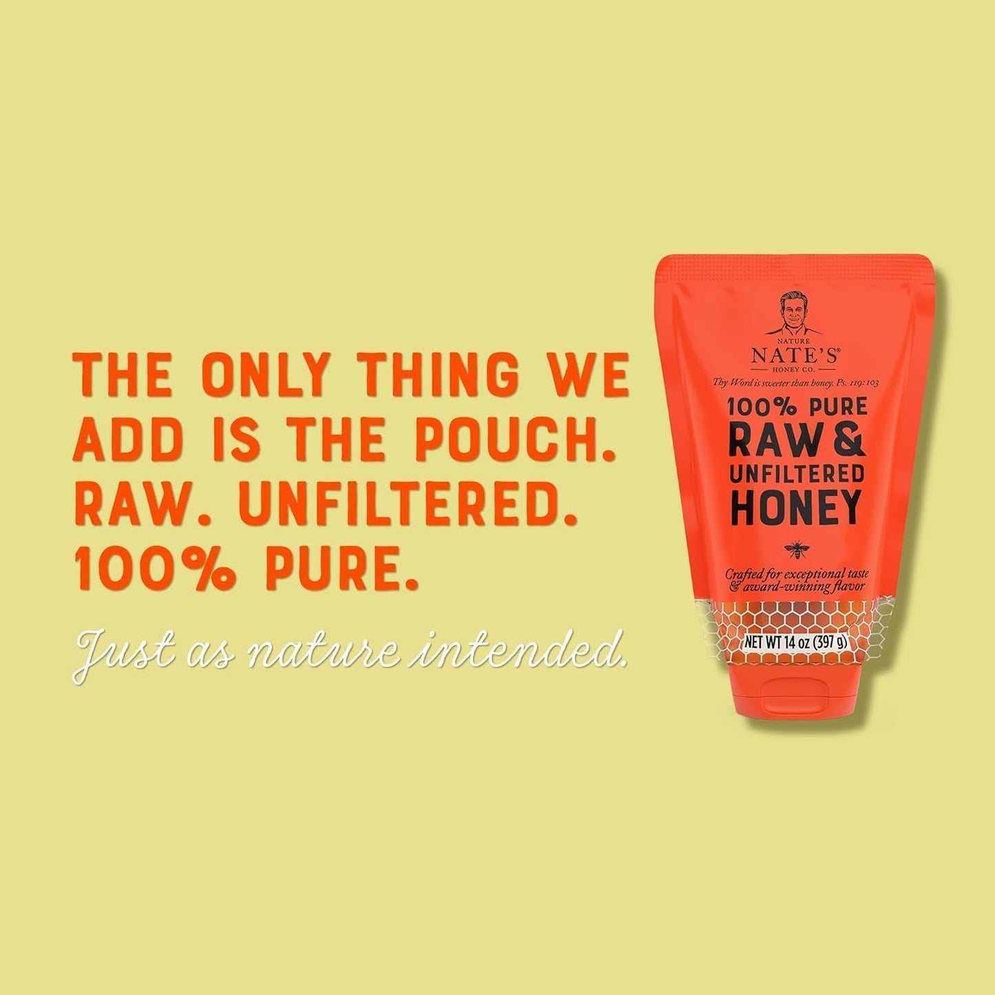 Nature Nate'S 100% Guarantee Pure Raw & Unfiltered Honey, No-Drip Sustainable Squeeze Pouch, 14 Oz (Pack Of 2)