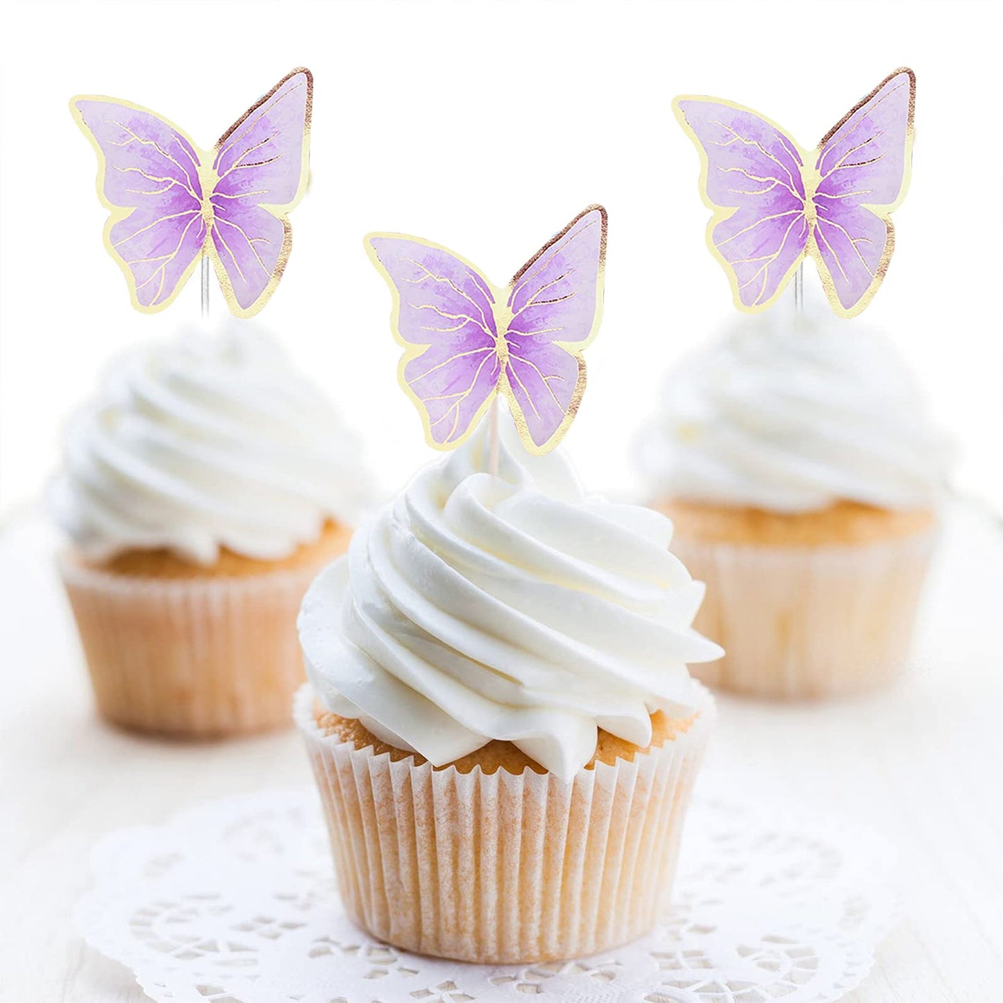 Set Of 66 Pack Purple Gold Cupcake Toppers Mixed Size&Colour 3D Butterfly Cake Picks Decorations With Dot Glue And Support Stick
