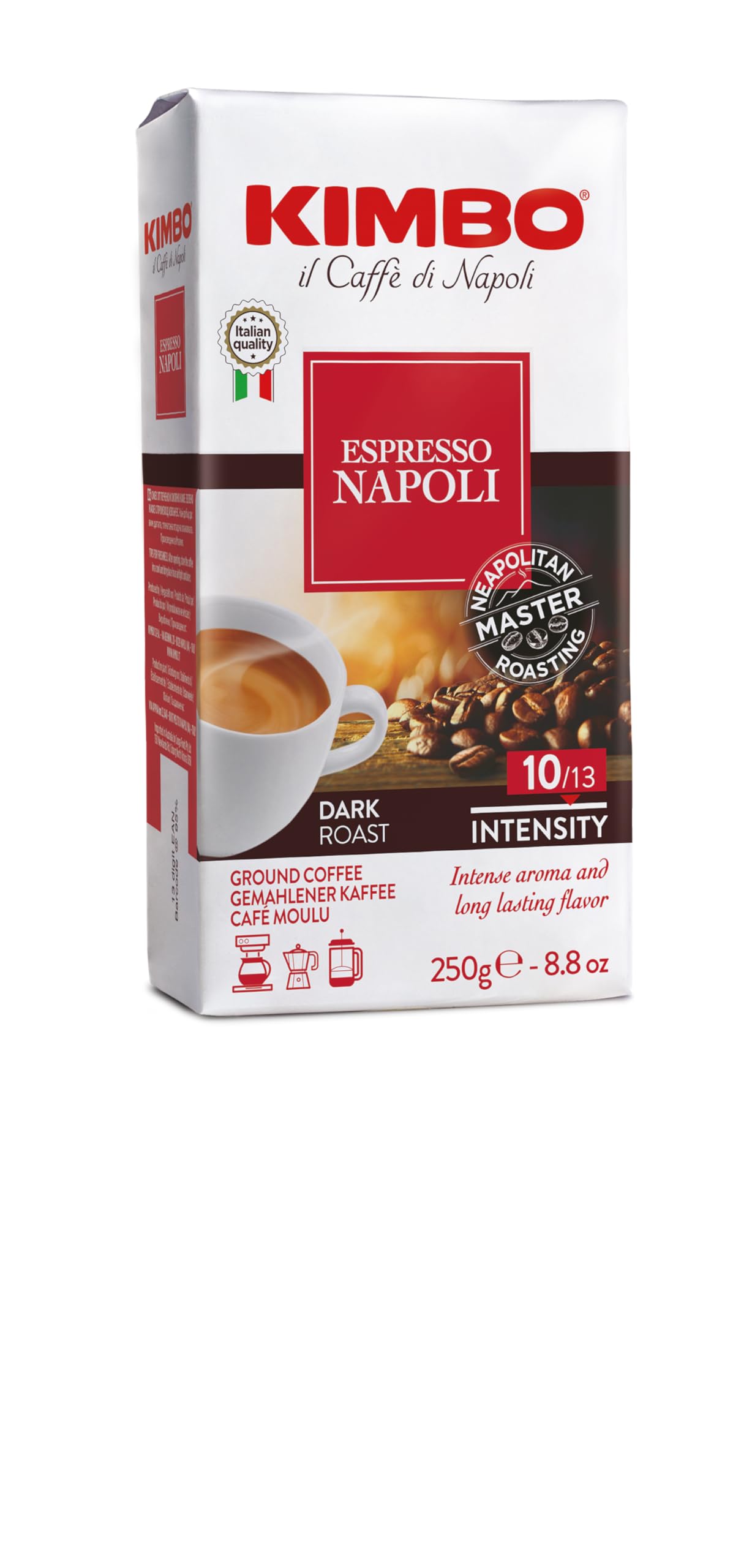 KIMBO Espresso Napoli Ground Coffee, Dark Roast, Intense Aroma, 8.8 oz (Pack of 2)