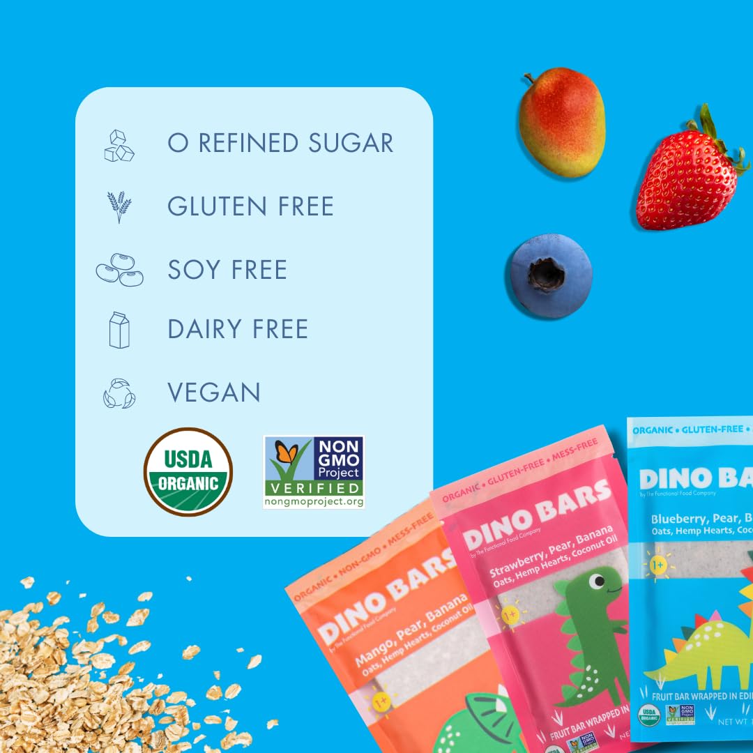 DINO BARS Organic Fruit Bar for Kids - Strawberry, 10 Pack, Edible Paper, Oats, Hemp Hearts, Coconut Oil