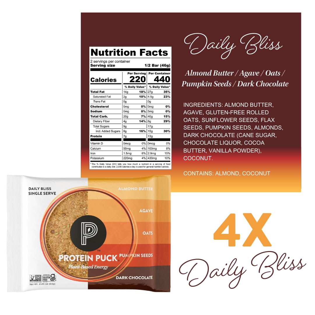 Protein Puck Plant Based Bars | Snacks With Vegan Protein | 16 Count | 3.25 Oz Full Size | Gluten Free, Non Dairy, Kosher Certified Non Gmo Enhanced Healthy Bars | Variety Pack