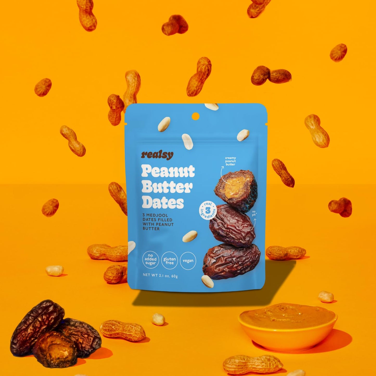 Realsy Organic Pitted & Stuffed Medjool Dates, Peanut Butter 5 Pack, Gluten-Free, Vegan, Low Glycemic Snack