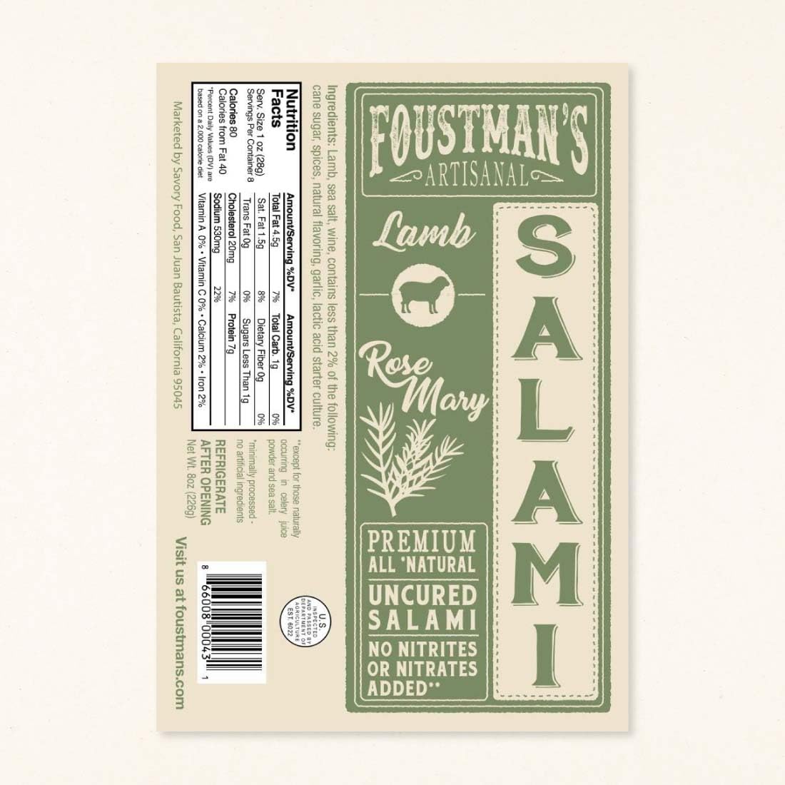 Foustman'S Artisanal Salami, Nitrate-Free, Naturally Cured, (Pack Of 3) (Lamb Rosemary)