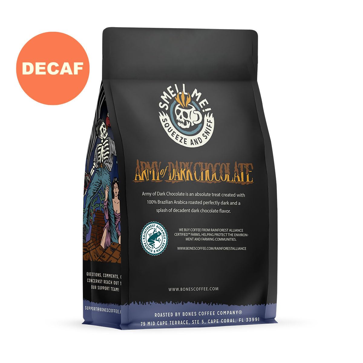 Bones Coffee Company Decaf Dark Chocolate Flavored Ground Coffee, 12 oz Dark Roast Arabica, Low Acid