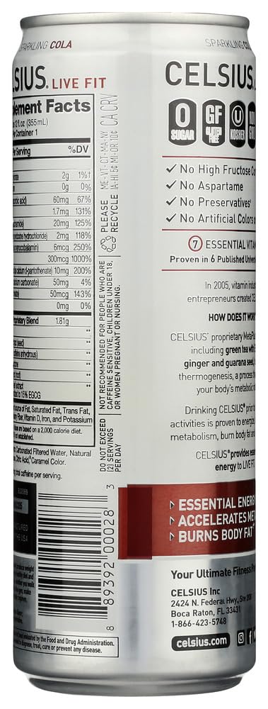 CELSIUS Sparkling Cola Energy Drink, Zero Sugar, 12 Fl Oz (Pack of 24), Model FGSS6407