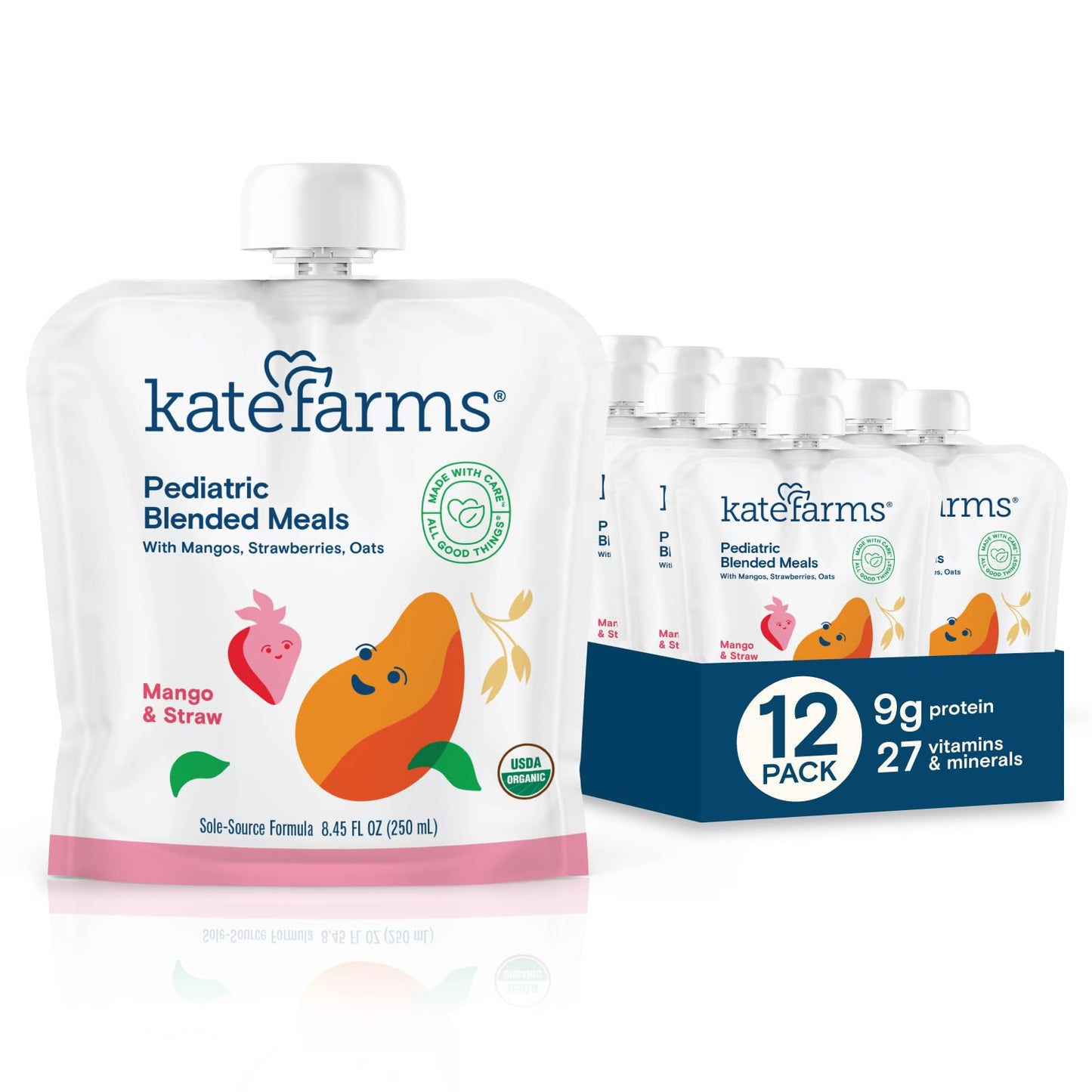 KATE FARMS Organic Pediatric Blended Meal, Mango and Strawberry, 8g protein, organic whole foods, oral or tube feed nutrition, G